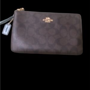 Coach Double  Zip Brown and Teal Large Wristlet